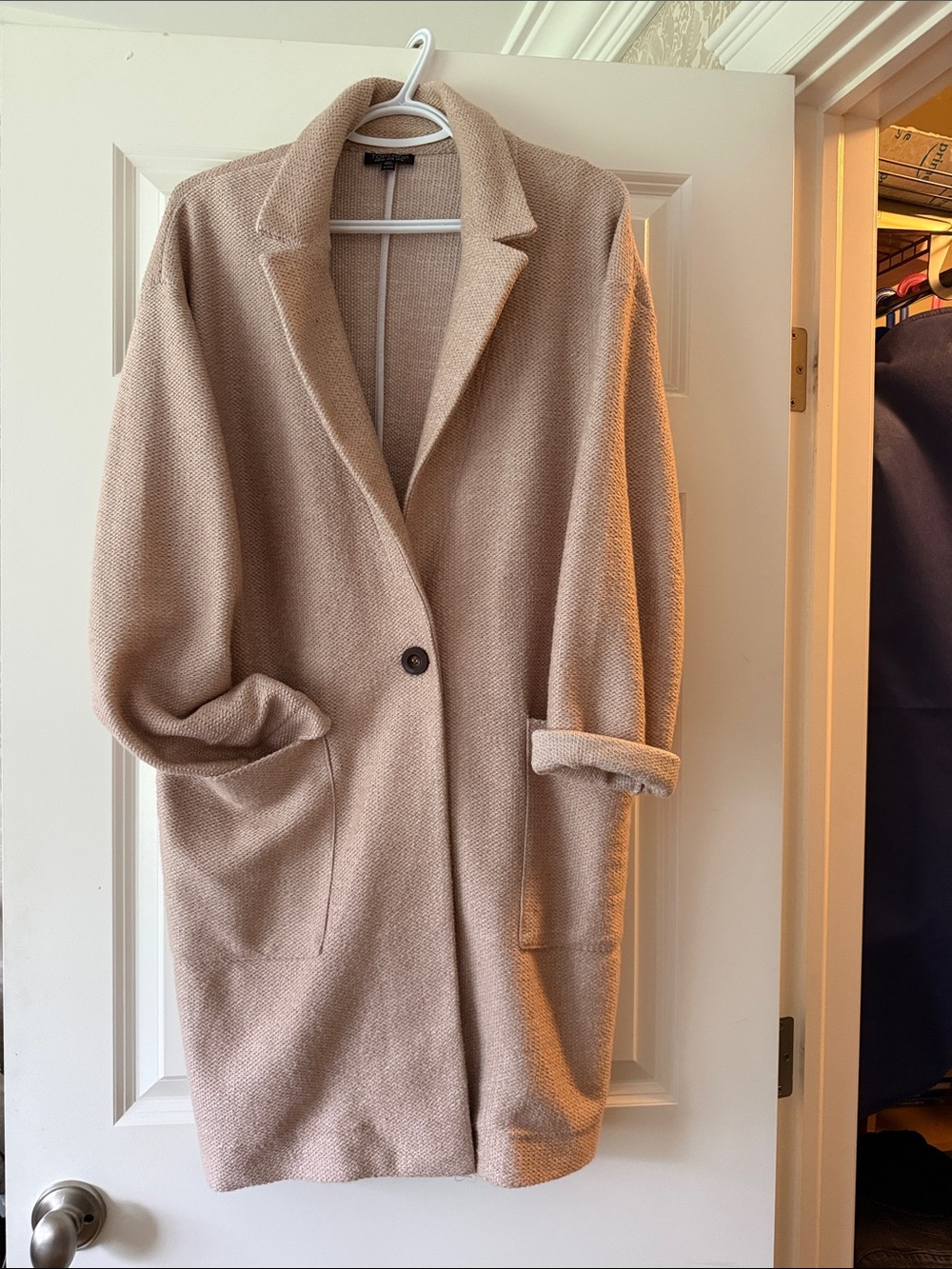 Womens Single-Button Long Open-Front Coat in Heathered Blush